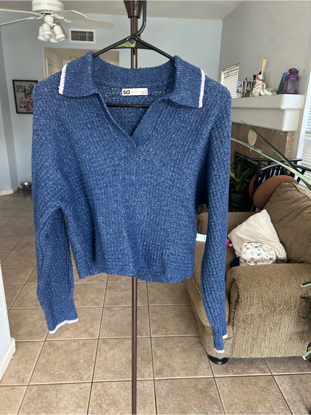 SO Blue V-Neck Collared Knit Sweater with White Trim